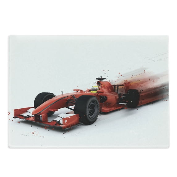 Cars Cutting Board, Generic Formula Racing Car Illustration with Special Effect Turbo Motion Auto Print, Decorative Tempered Glass Cutting and Serving Board, Large Size, Black and Red, by Ambesonne