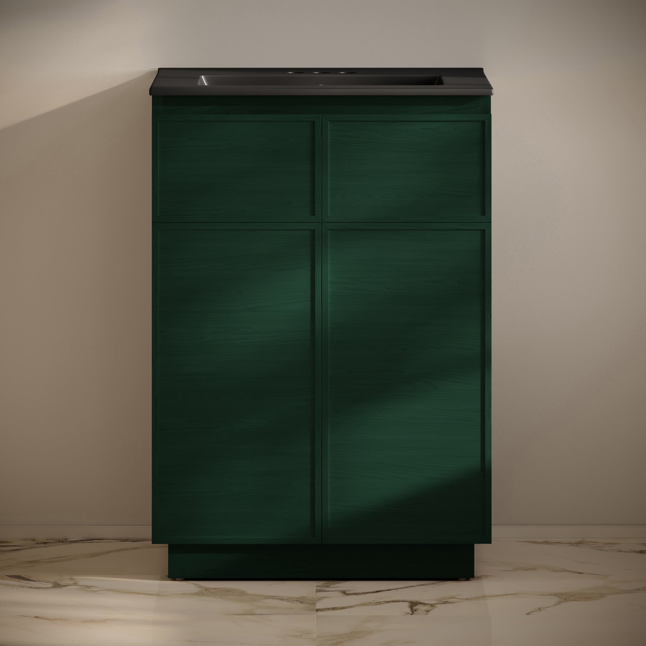 St. Tropez 24" Freestanding Bathroom Vanity in Green Oak with Black 3-Hole Centerset Sink Top
