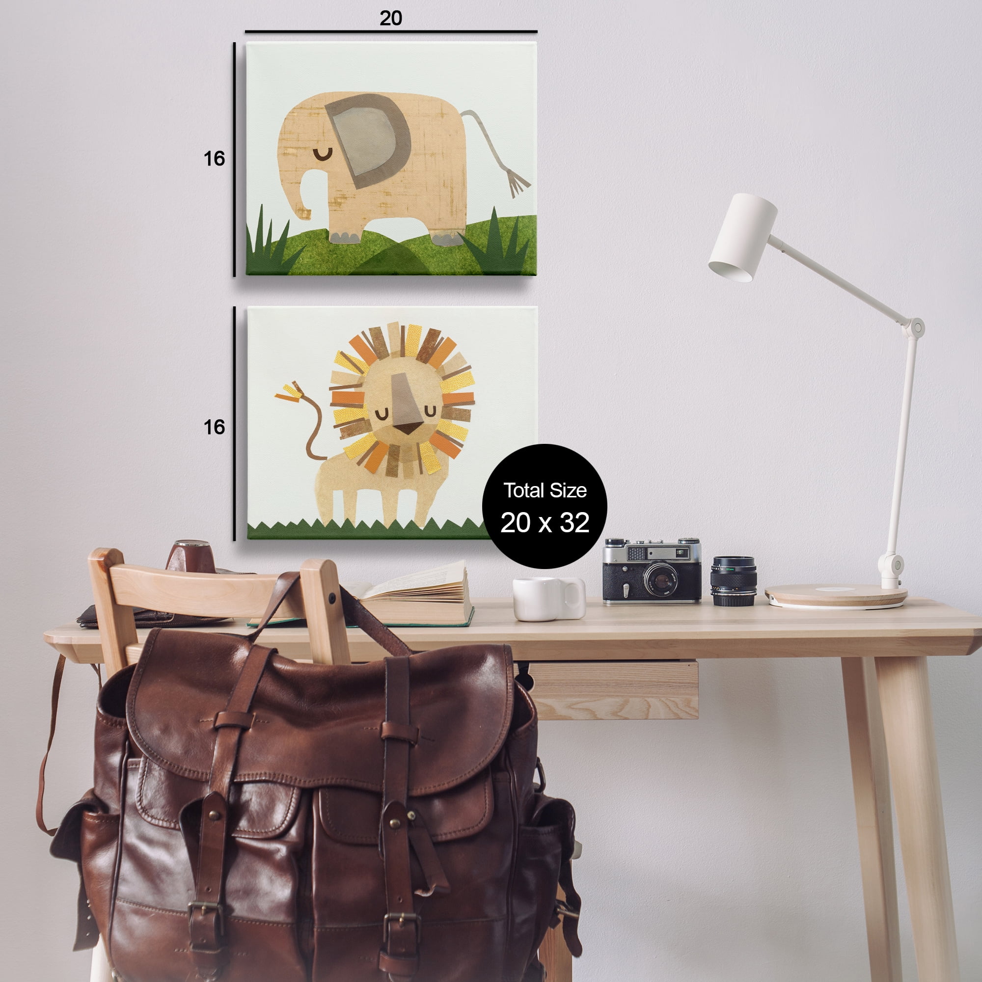 Stupell Industries Adorable Cozy Elephant & Lion Animals Painting Wrapped Canvas Art Print Wall Art, 20 x 16, Set of 2