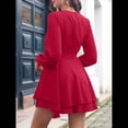 thumbnail image 4 of Vestido Corto de Mujer, Larga, Escote en V Profundo, Cintura con Lazo y Volantes, Estilo . Rojo Vino S, 4 of 10