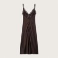 thumbnail image 3 of Womens Elegant Brown Satin Slip Dress With Lace Trim, Sexy V-Neck Midi, 3 of 11