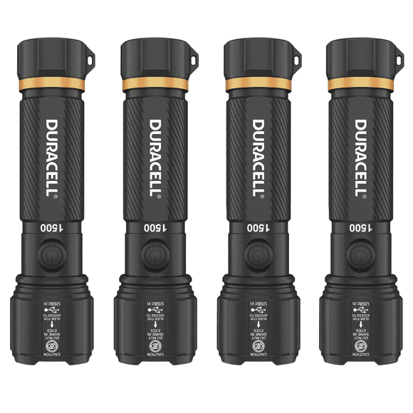 Duracell Durabeam Ultra Hybrid LED Flashlights Set of 4 – 1500 Lumens, Rechargeable USB-C & AAA Battery Options, Weather-Resistant Aluminum – Black