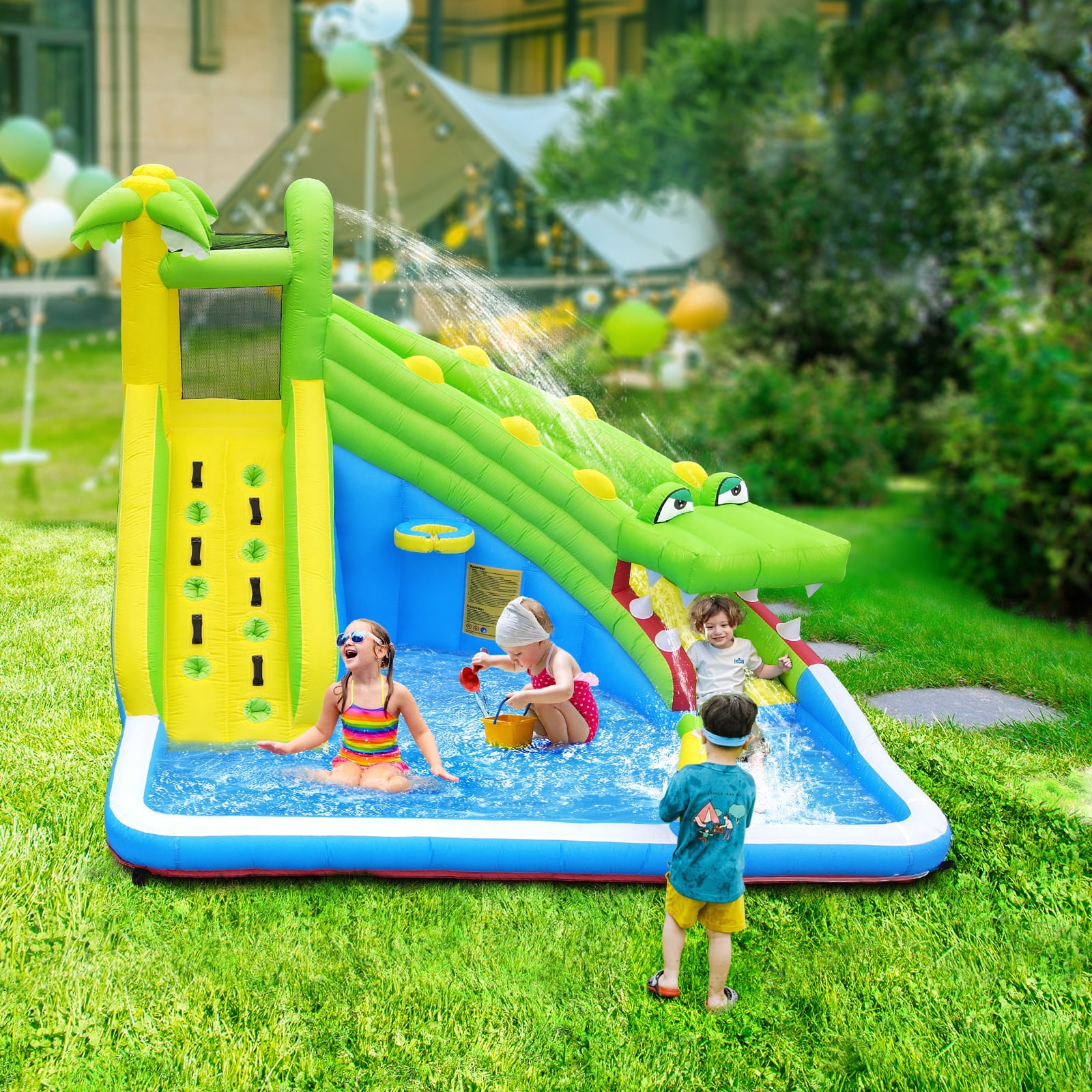 Inflatable Water Slide：5 in 1 Crocodile Bounce House Water Park for Kids - Climbing Wall Splash Pool Water Cannon Basketball Rim - 480W Blower - for Indoor Outdoor Backyard Birthday Party