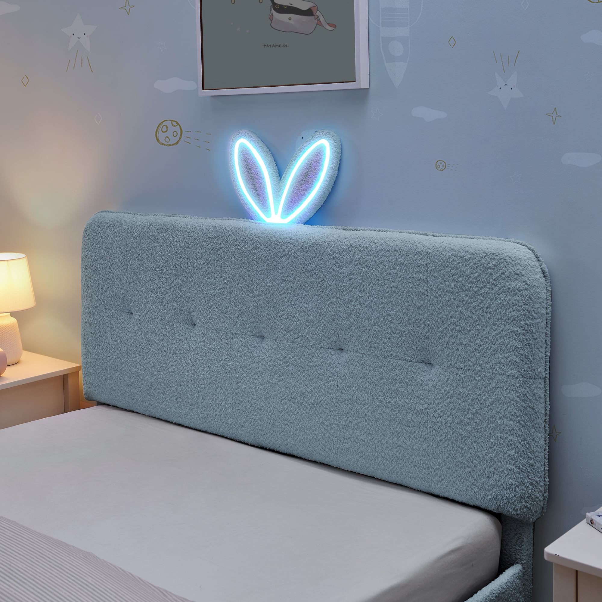 Mintazer Full Upholstered Kids Bed with Oversized Rabbit Ear Headboard, Boucle Fabric Platform Bed with LED Headboard & 4 Storage Drawers, Blue