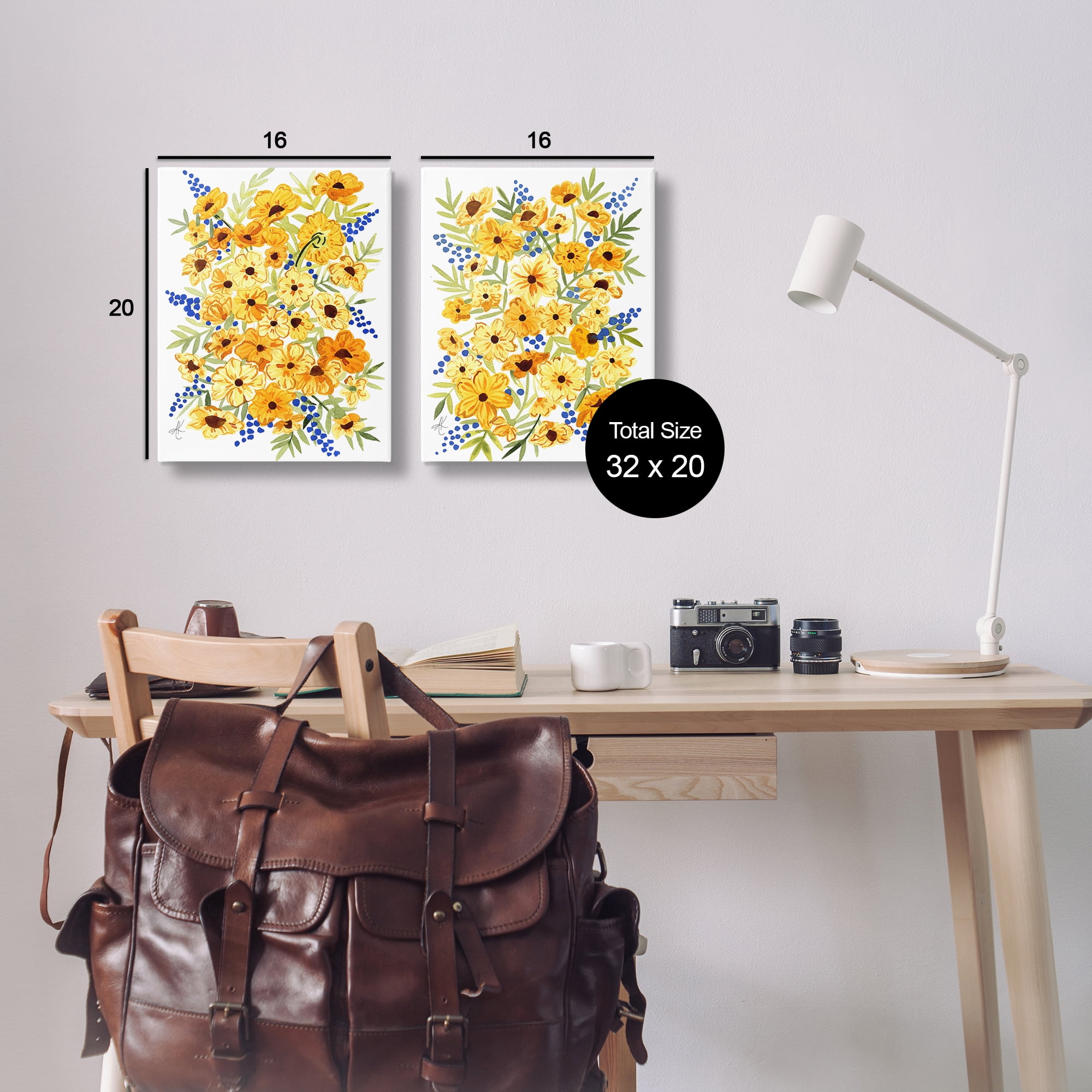 Stupell Industries Golden Cosmos with Blue Berries Plants & Flowers Painting Wrapped Canvas Art Print Wall Art, 16 x 20, Set of 2