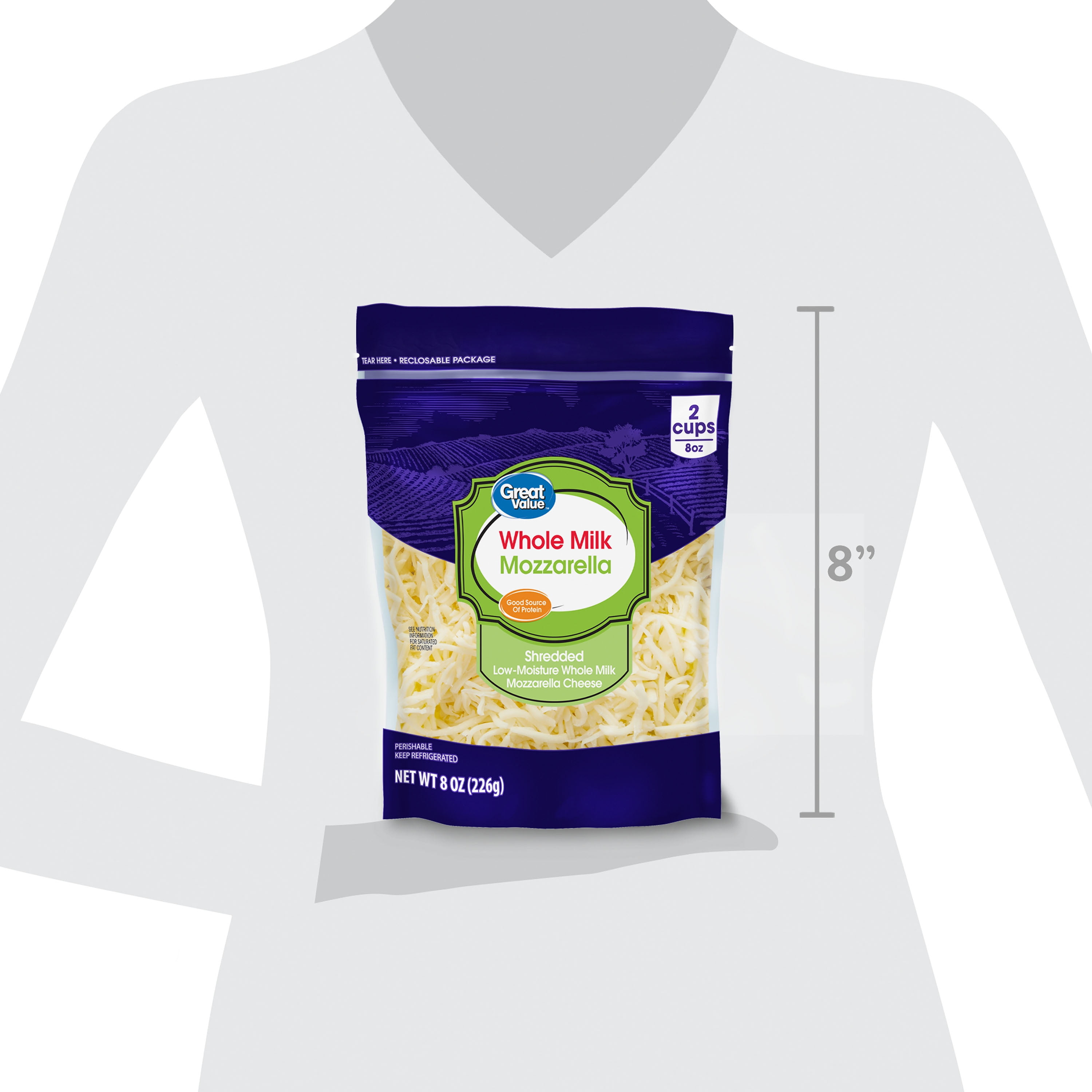 Great Value Whole Milk Low-Moisture Mozzarella Shredded Cheese, 8 oz Bag