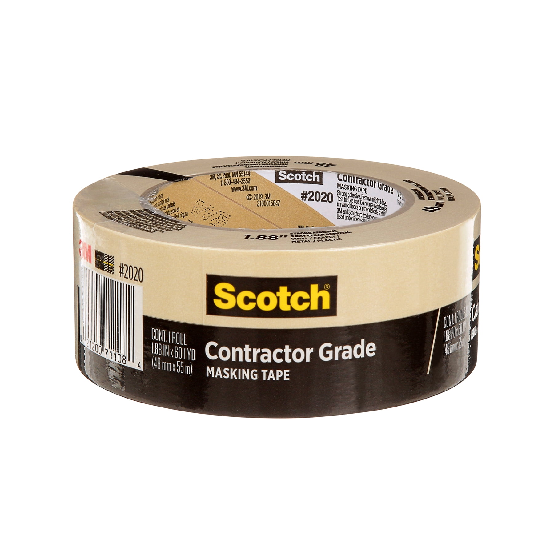 Scotch Contractor Grade Masking Tape, 1.88 in x 60.1 yd (48mm x 55m), Pack of 3