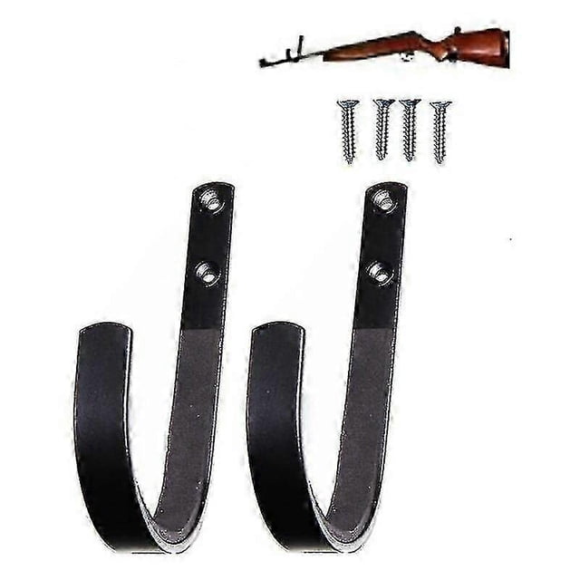 pb rifles gun rack storage shotgun hooks wall mount hangers for all rifles par de ganchos en J de metal negro con placa de montaje alargada y dos orificios visibles para tornillos, vista frontal centrada mostrando dos colgadores, cuatro tornillos incluidos y pequeña ilustración de rifle en la esquina superior derecha; adecuados para montaje en pared y también para colgar equipo deportivo ligero.