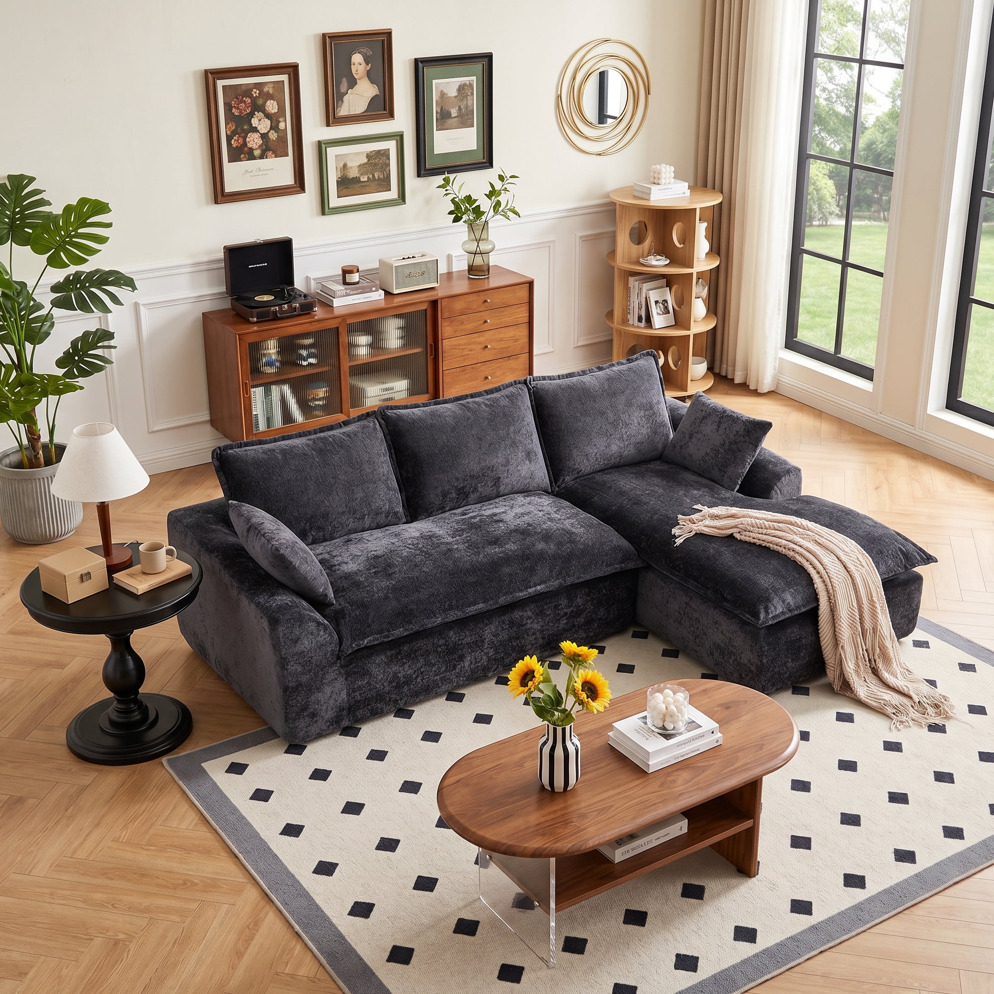 LEHZROAJ 103" Chenille Compressed Sofa,L Shaped Sectional Couch Pillows No Assembly Required for Living Room(Black,Right)