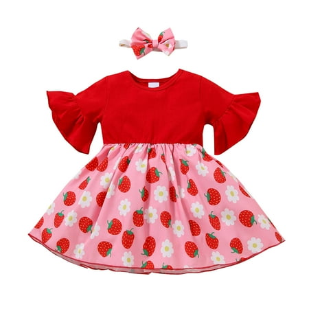 

Binmer Toddler Baby Girls Flare Sleeve Strawberry Printed Princess Dress+Headbands
