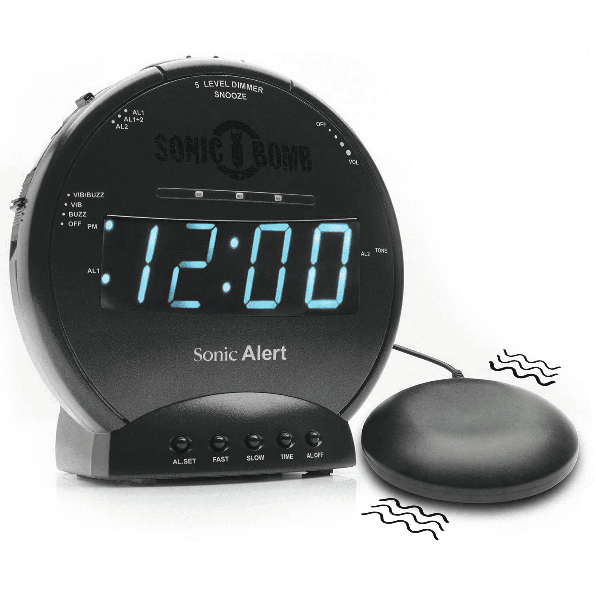 Sonic Bomb Dual Extra Loud Alarm Clock with Bed Shaker, Black & Blue | Sonic Alert Vibrating, Heavy Sleepers, Battery Backup | Wake with a Shake