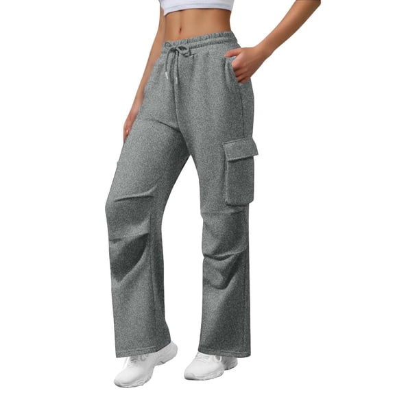 Ecqkame Cargo Sweatpants for Women Casual Straight Leg Jogger Elastic Waist Pants Solid Color Hiking Workout Sports Multiple Pockets Pant Dark Gray L