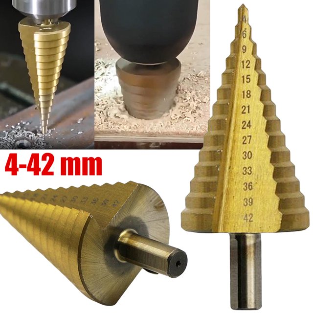 Broca Pagoda Recta 4-42 mm Broca Escalonada Recubierta Titanio Acero Alta Velocidad Broca Escalonada Expansión Orificios Multifuncional (Embalada en Caja Plástico)