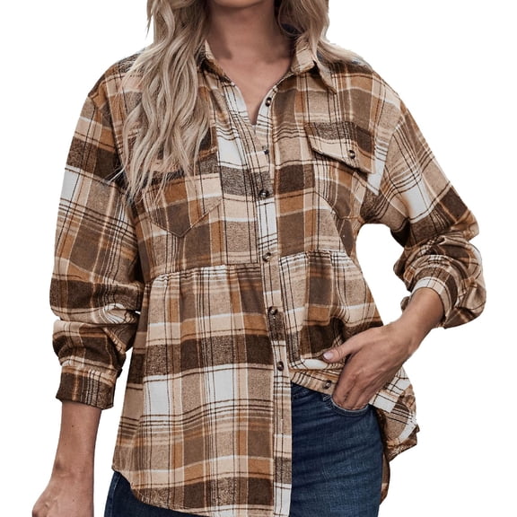 Vedolay Shirts for Women Dressy Casual Casual Long Sleeve Button-Up Trendy Tops Coffee,2XL