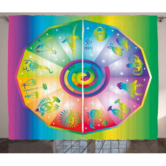 Ambesonne Astrology Curtains 2 Panel Set, Hippie Style Zodiac, 108" x 90", Multicolor