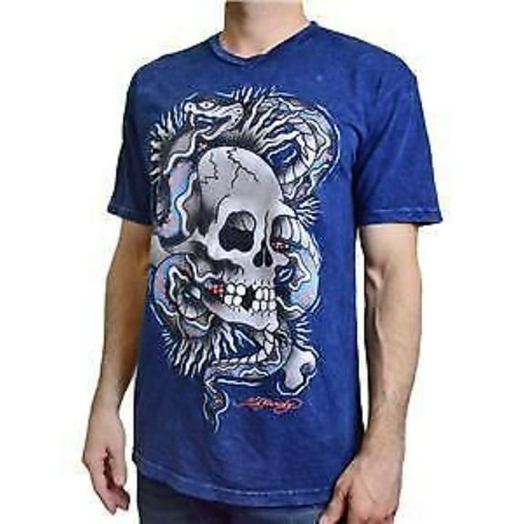 ED HARDY MEN'S SNAKE SKULL SCREENPRINTED TEE V-NECK T-SHIRT NAVY MINERAL XL MSRP28