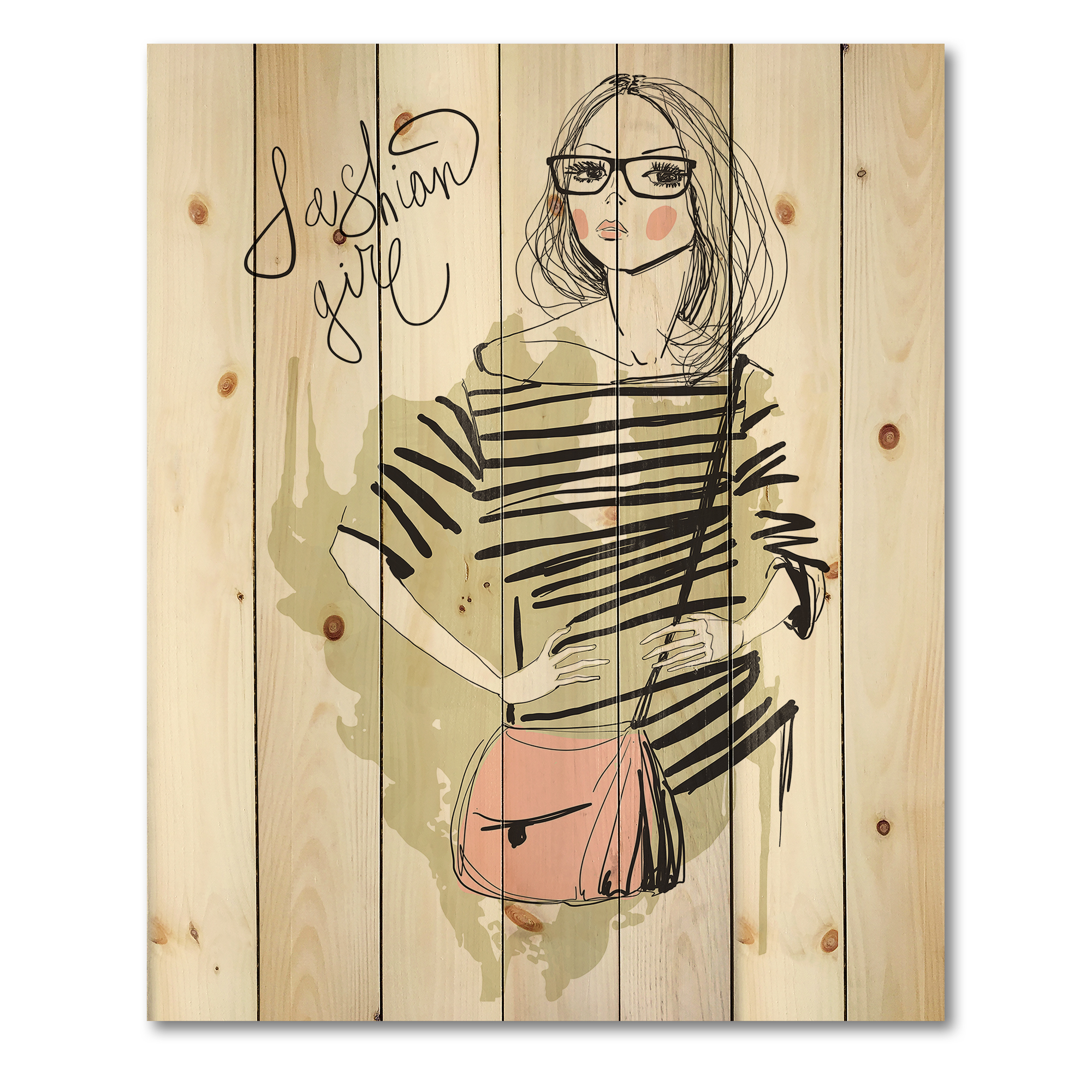 Designart 'Trendy Fashion Woman' Shabby Chic Print on Natural Pine Wood