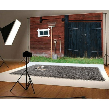 GreenDecor Polyster 7x5ft Barn Backdrop Farm Tool Weathered Grunge Wood Plank Door Color Paint Wooden Wall Grass Field Rustic Photography Background Kids Adults Photo Studio (Best Color To Paint A Photography Studio)