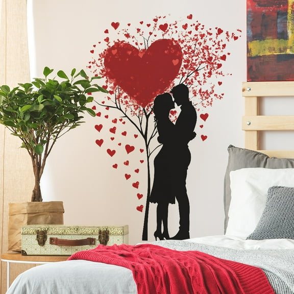 Valentine's Day Wall Decals Love Heart Wall Stickers Valentine's Day Red Heart Tree Couples Home Bedroom Decor Decals Peel and Stick for Valentines Wedding Anniversary Party Supply