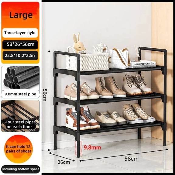 3 Tier Wide Metal Shoe Rack, Small Space Entryway Shoe Organizer Storage Shelf, 22.8 x 10.2 x 22 Inch, Freestanding Shoe Stand Holds up to 12 Pairs for Closet Dorm Hallway Bedroom Black