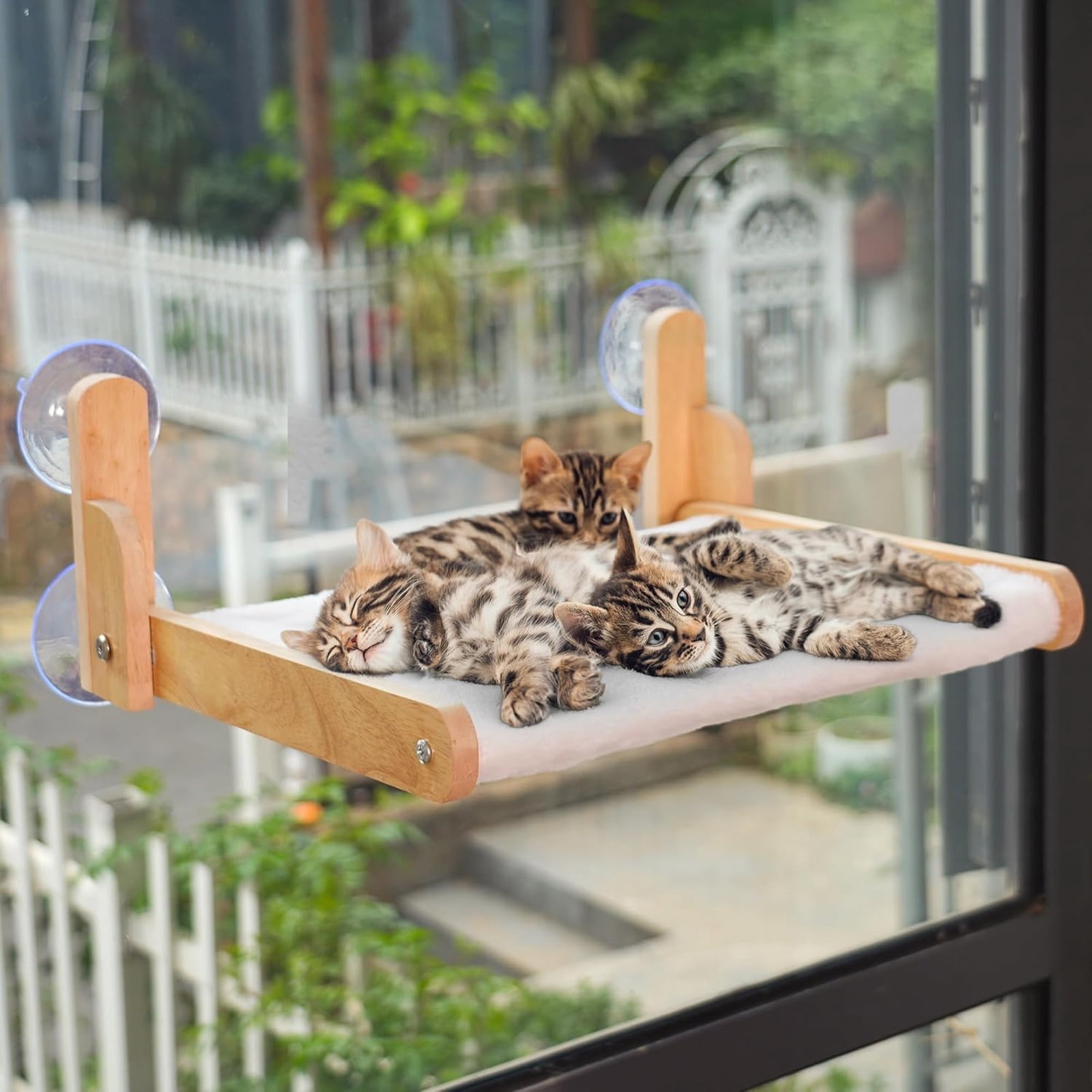 HQinX Cat Window Perch Wooden Frame Foldable Cat Hammock, Soft Faux Rabbit Fur Cover Washable, Strong Suction Cups No Drilling, Large Cat Bed