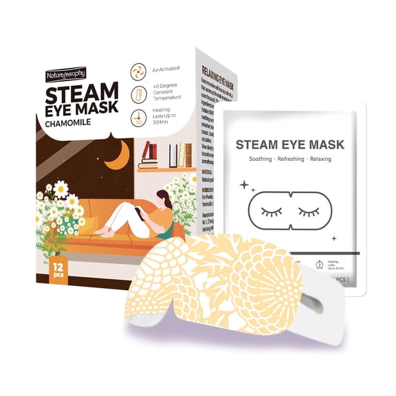 Naturolosophy Steam Eye Masks, Self-Heating Warm Compress, Disposable Heated Eye Mask with Chamomile, 12 Count, for Sleep, Relaxation & Travel
