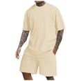 thumbnail image 1 of toraway Autumn Men's Suits Slim Fit Men's Rib Shirt Short Sleeve and Shorts Slim Fit Muscle T Shirt Stretch Bodybuilding Exercise Rib Knit Two Piece Set XXL, 1 of 4