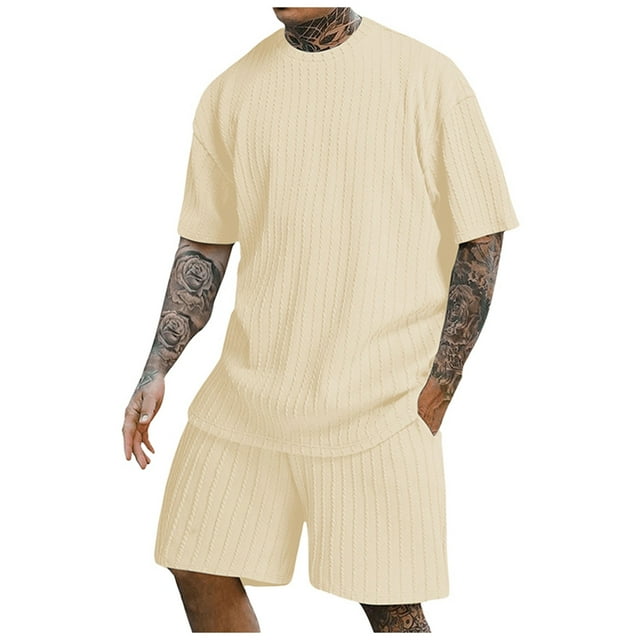 toraway Autumn Men's Suits Slim Fit Men's Rib Shirt Short Sleeve and Shorts Slim Fit Muscle T Shirt Stretch Bodybuilding Exercise Rib Knit Two Piece Set XXL