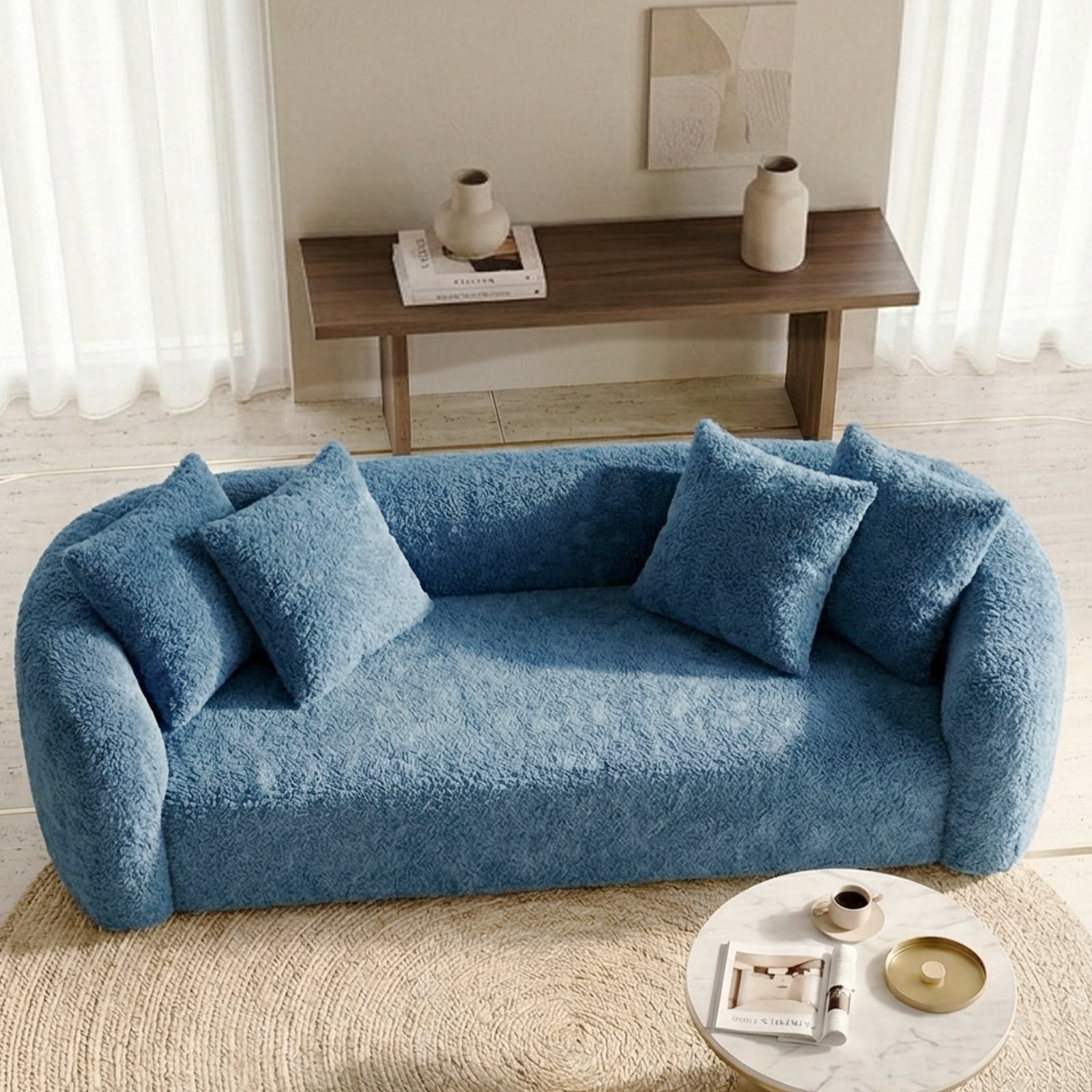 93" Curved Chenille Cloud Couch, No Assembly Boneless Compression Sofa with 28" Deep Seat and 4 Throw Pillows, 4 Seater for Living Room