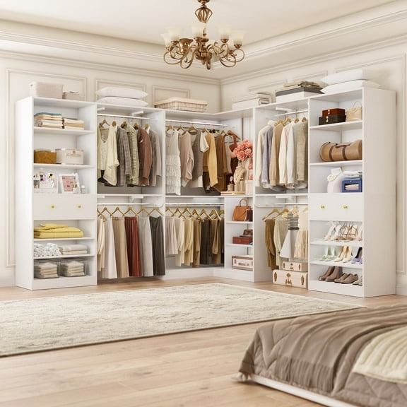 Homieasy Closet system with 2 wooden drawers, 6 hanging rods and corner tower, corner closet system with hanging, L-shaped walk-in wardrobe organizer, 2000 lbs capacity, set of 3, White