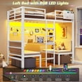thumbnail image 2 of Twin Over Twin Metal Bunk Bed with Desk, Twin Size Loft Bed with Led Lights and Charging Station, Safety Guard and Stair, Convertible Metal Bunk Bed, White, 2 of 9