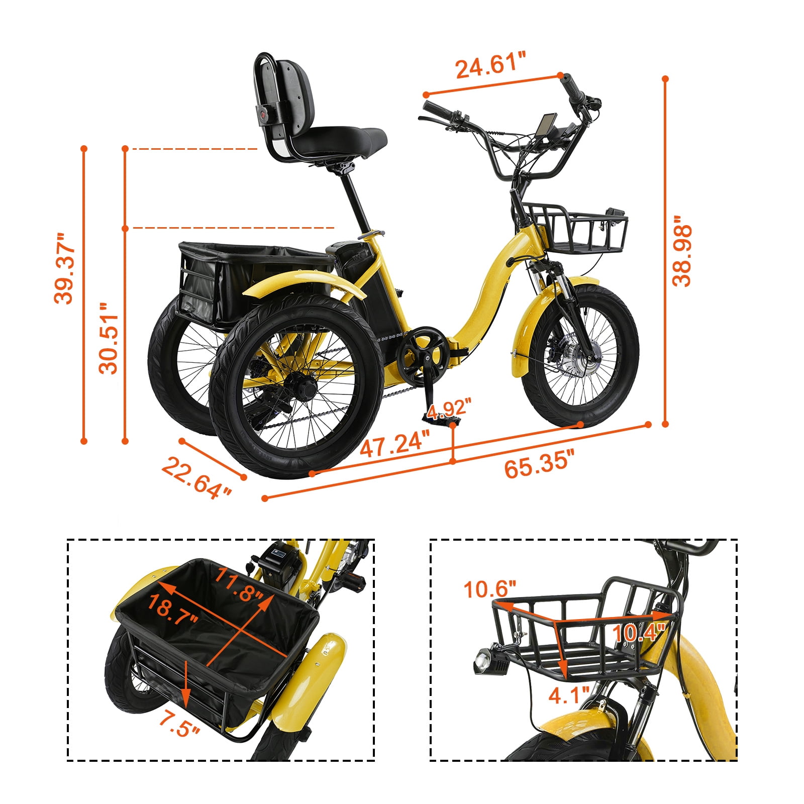 Electric Tricycle for Adults, 18-inch Fat Tire Electric Trike, 3 Wheel Folding Electric Tricycle, 22MPH 27Miles Long Range 7 Speed Ebike, Yellow