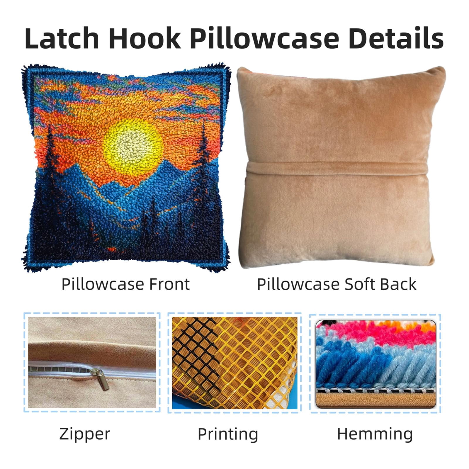 DIY Latch Hook Pillow Kits Sunset Mountains Printed Pillowcase Crochet Yarns Hooking Handmade Pillow Cover Cushion for Home Sofa Decoration 17x17inch-1