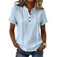 thumbnail image 2 of Women's Stripe Button V-Neck Fashion Casual T-Shirt Short Sleeve Regular Fit Spring Summer Daily Top Light Blue M, 2 of 4