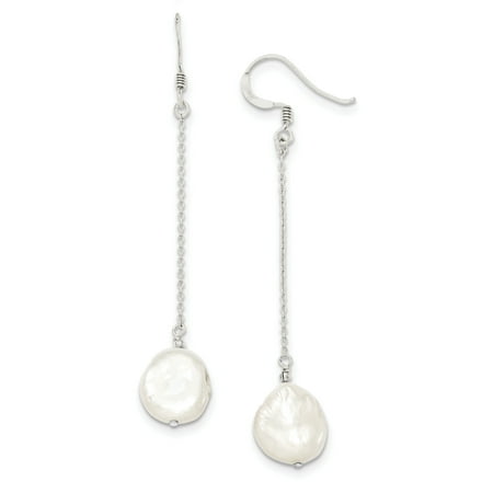 Pearl Vermeil Silver Hook Earrings Sterling Silver FW Cultured Coin Pearl Dangle Earrings QE2098 (1.01 grams|72MM x 12MM) ()