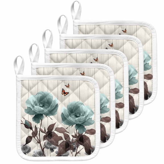 Teal Blue Floral Pot Holders for Kitchen Heatproof Potholder, 5 Pack Vintage Rustic Botanical Beige Wooden Hot Pads Multipurpose Oven Pads Cloth Potholders Trivet for Cooking Baking