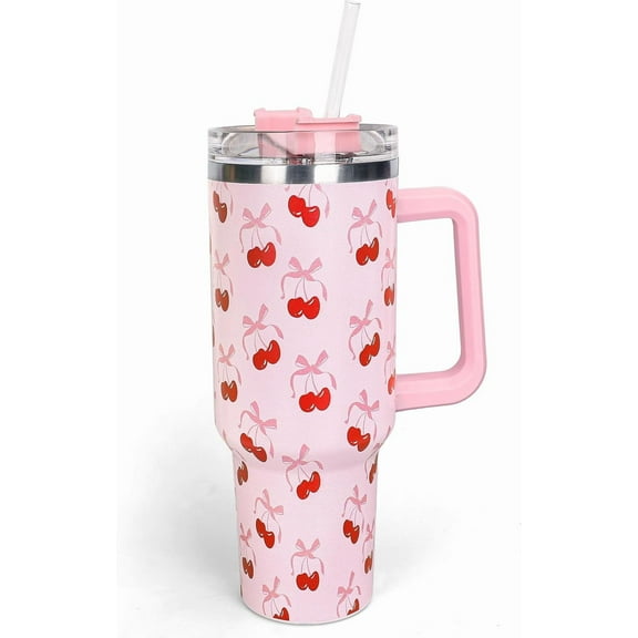 40oz Pink Bow Cherry Tumbler with Handle Straw and Lid Coquette Bowknot Cherries Travel Tumbler Coffee Cup for Women Friend Holiday Birthday