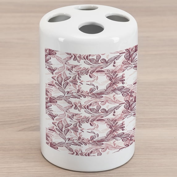 Floral Ceramic Toothbrush Holder, Romantic Nature Scroll Style Pattern with Hand Drawn Leaves and Petals, Decorative Versatile Countertop for Bathroom, 4.5" X 2.7", Maroon Coral and White