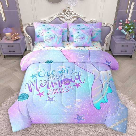Homewish Marine Mermaid 7-Piece Twin Bedding Sets for Kids Teens Girls,Ocean Sea Princess Bedding Comforter Set,Blue Purple Gradient Breathable Sheet Sets,Ultra Soft Home Decor,Reversible