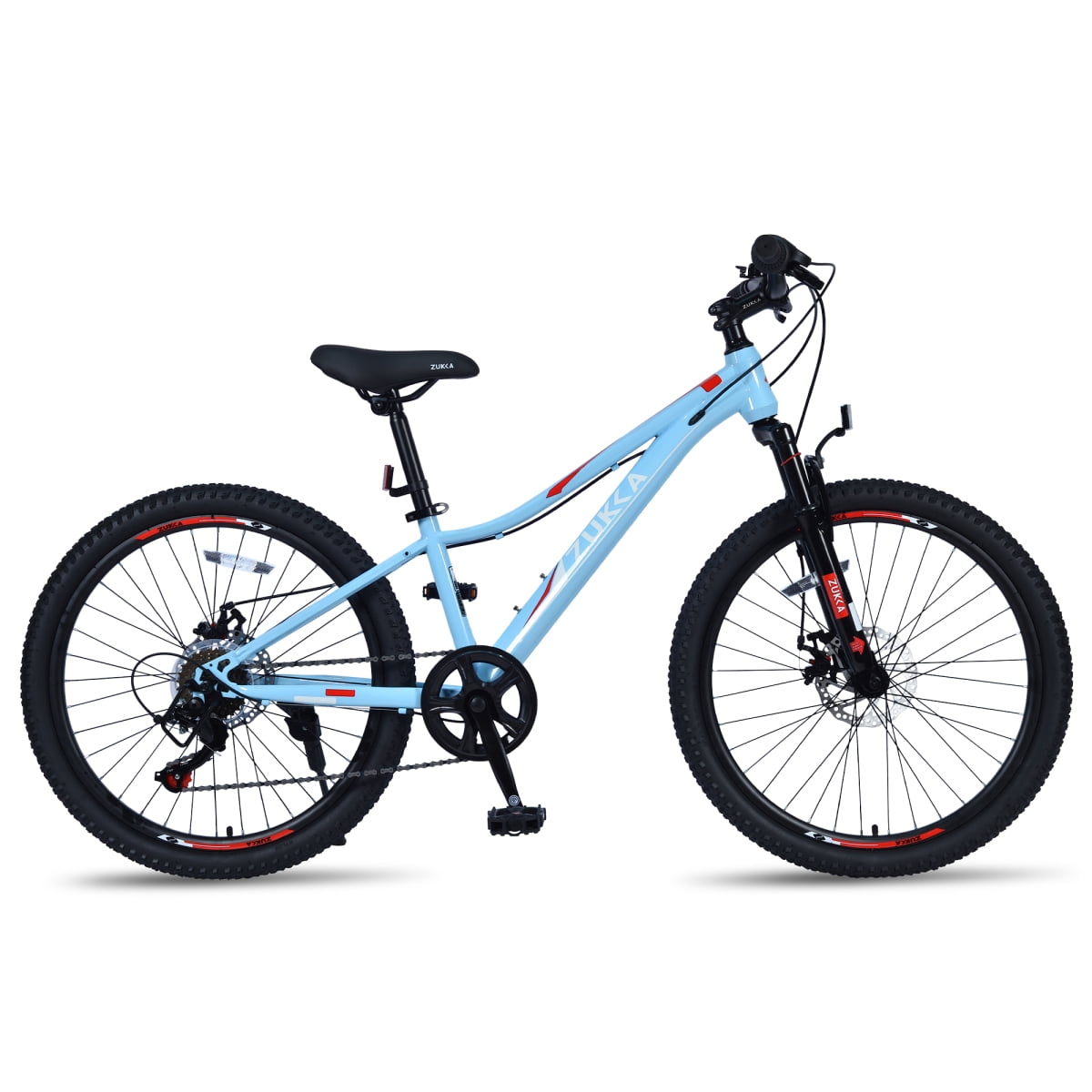 LuckyNote 24 Inch 6-Speed Mountain Bike, Steel Frame, Front & Rear Disc Brakes, Suspension Fork, Blue