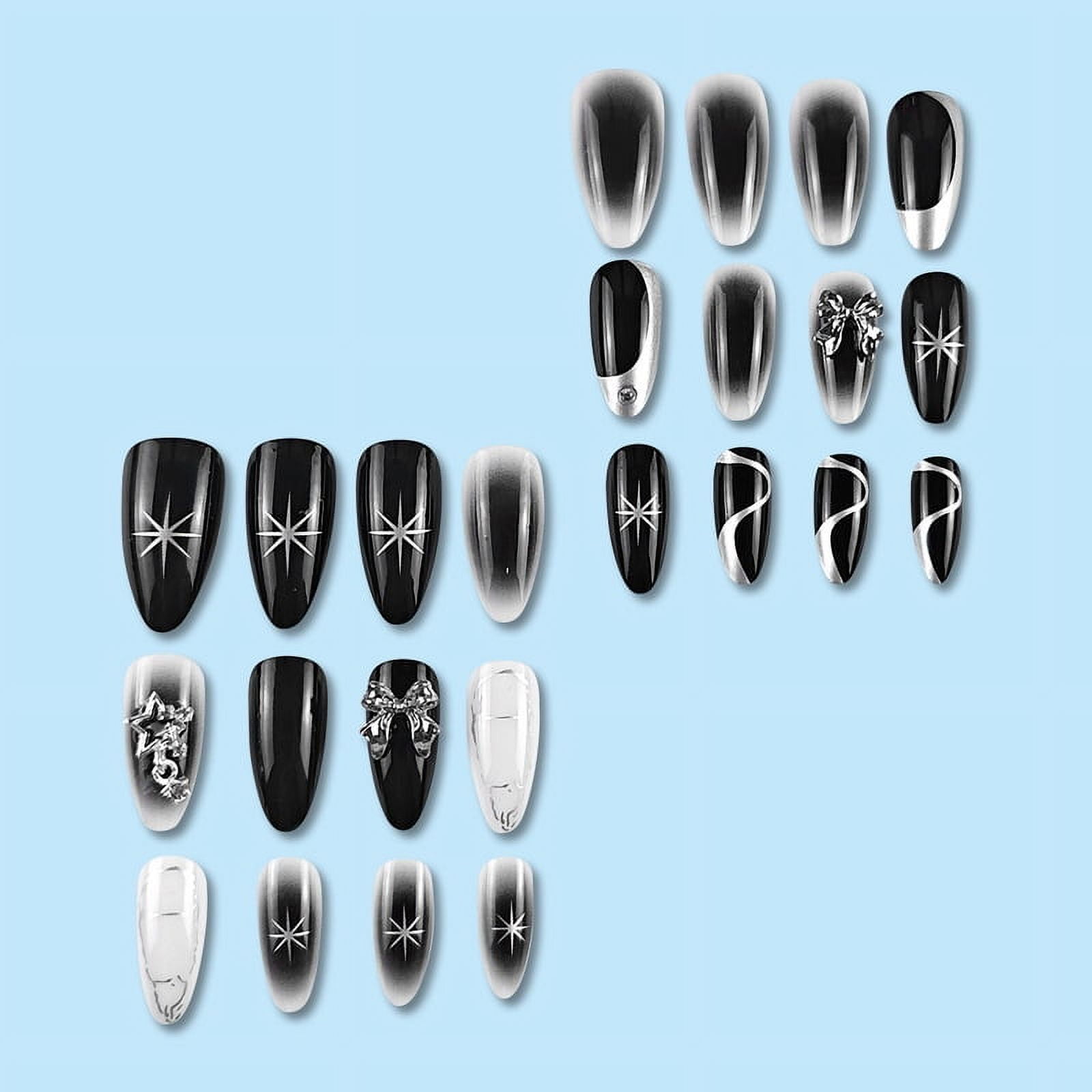 24pcs Y2k Cool Girl Fake Nails Sliver Star Almond False Nails Wearable Detachable 3D Butterfly Press on Nail Tips for Girl Women