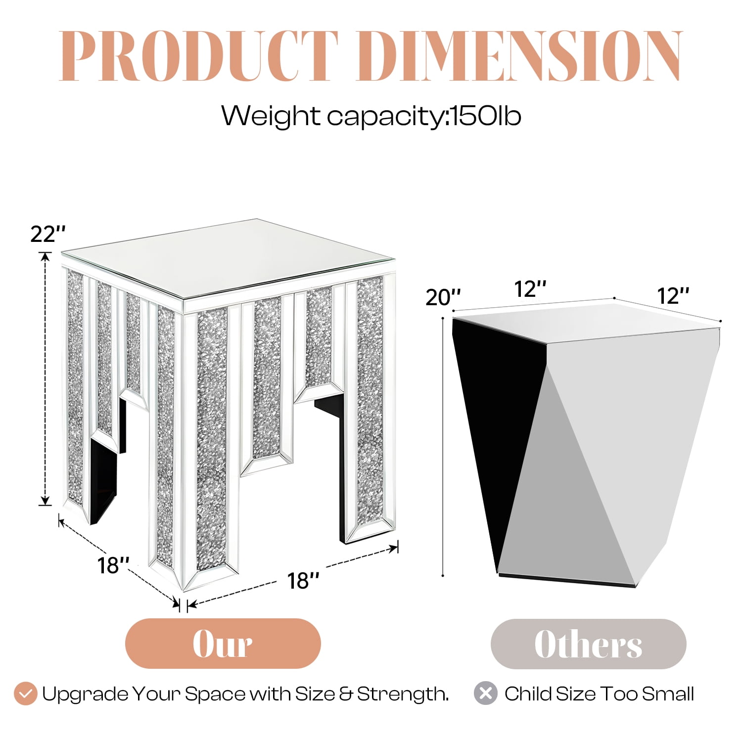 Modern Crystal Mirrored Side Table, Living Room End Table, Bedside Table, Nightstand, Silver