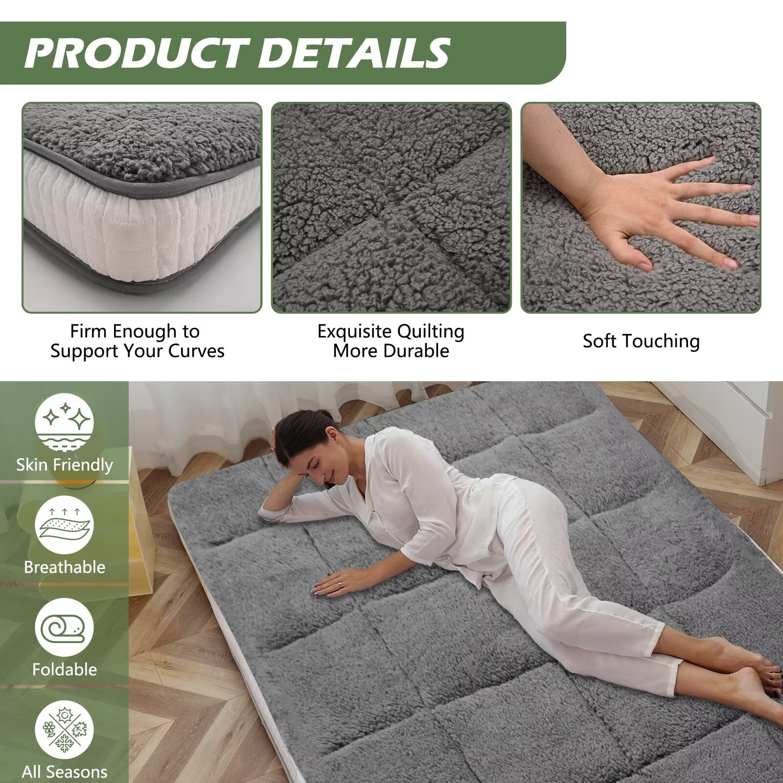 MOPHOTO Upgraded Extra Thick Floor Mattress with Storage Bag,Japanese Futon Mattress,Folding Sleeping Padded Futon Mattress Portable Camping Mattress,Gray,Full