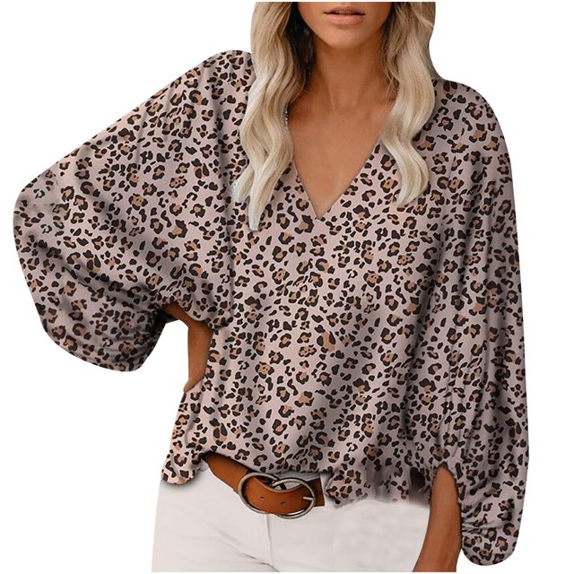 Camisa cómoda suelta con cuello en V para mujer Top de manga farol con estampado de moda Fridja hj3549