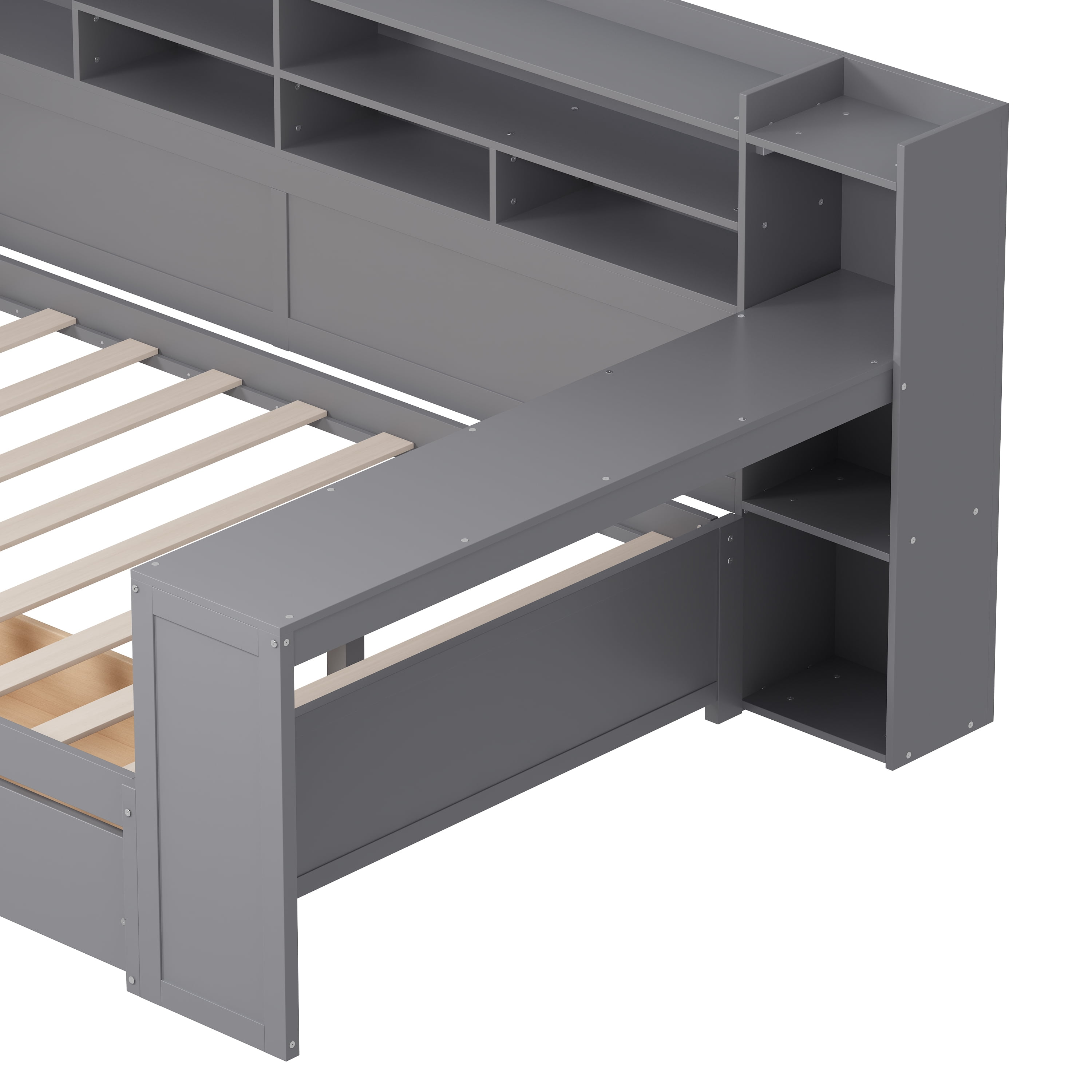 Euroco Wood Full Size Daybed with Storage Shelves Drawers and Desk, Gray