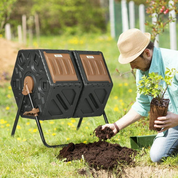 Outsunny Rotating Composter, 34.5 Gallon Dual Chamber Compost Bin with Ventilation Openings and Steel Legs