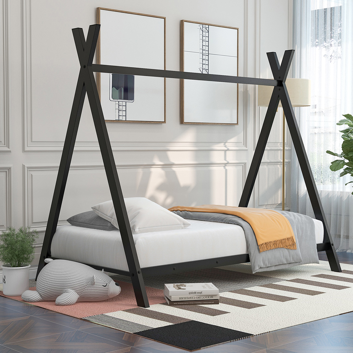 Kuurfuurdo House Bed Metal Frame Twin Size Floor Play Tent Bed with