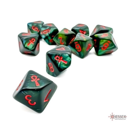 Chessex Manufacturing CHX29025 d10 Ankh SCR Jade & Red Dice - Set of 10