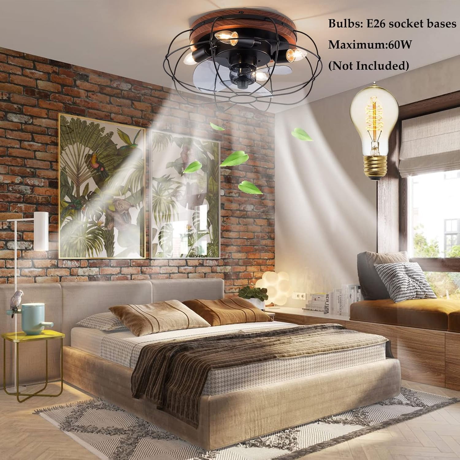 18" Black Metal Caged Ceiling Fan with Remote Modern Small Indoor Fan Light Kit Enclosed Flush Mount Fan for Bedroom Living Room, E26x4 Bulbs NOT Included