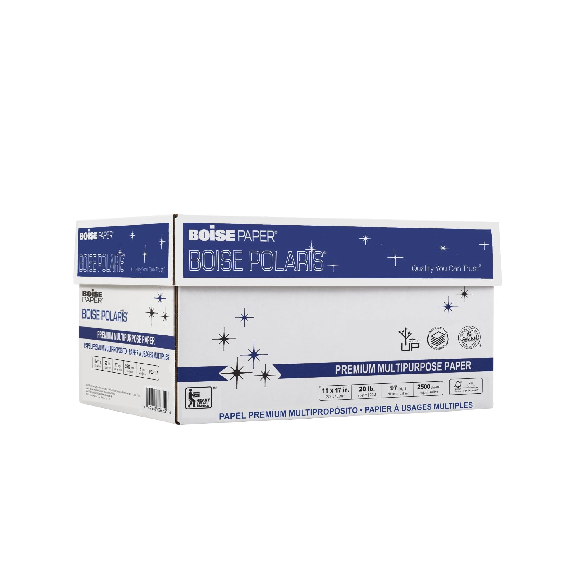 BOISE POLARIS Premium Multipurpose Copy Paper, 11" x 17" Ledger, 97 Bright White, 20 lb., 5 Ream Carton (2,500 Sheets)